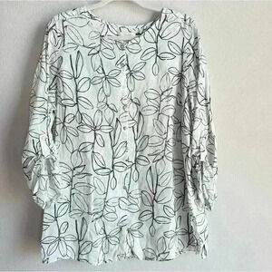 Cynthia Rowley Women Shirt 1X Plus White Floral 100% Linen Tunic Roll Tab Button